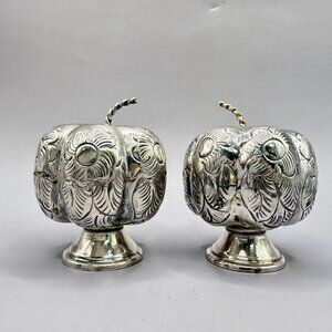Pumpkins Gourds Salt Pepper Shakers Mexico Sterling Silver Etched Flowers